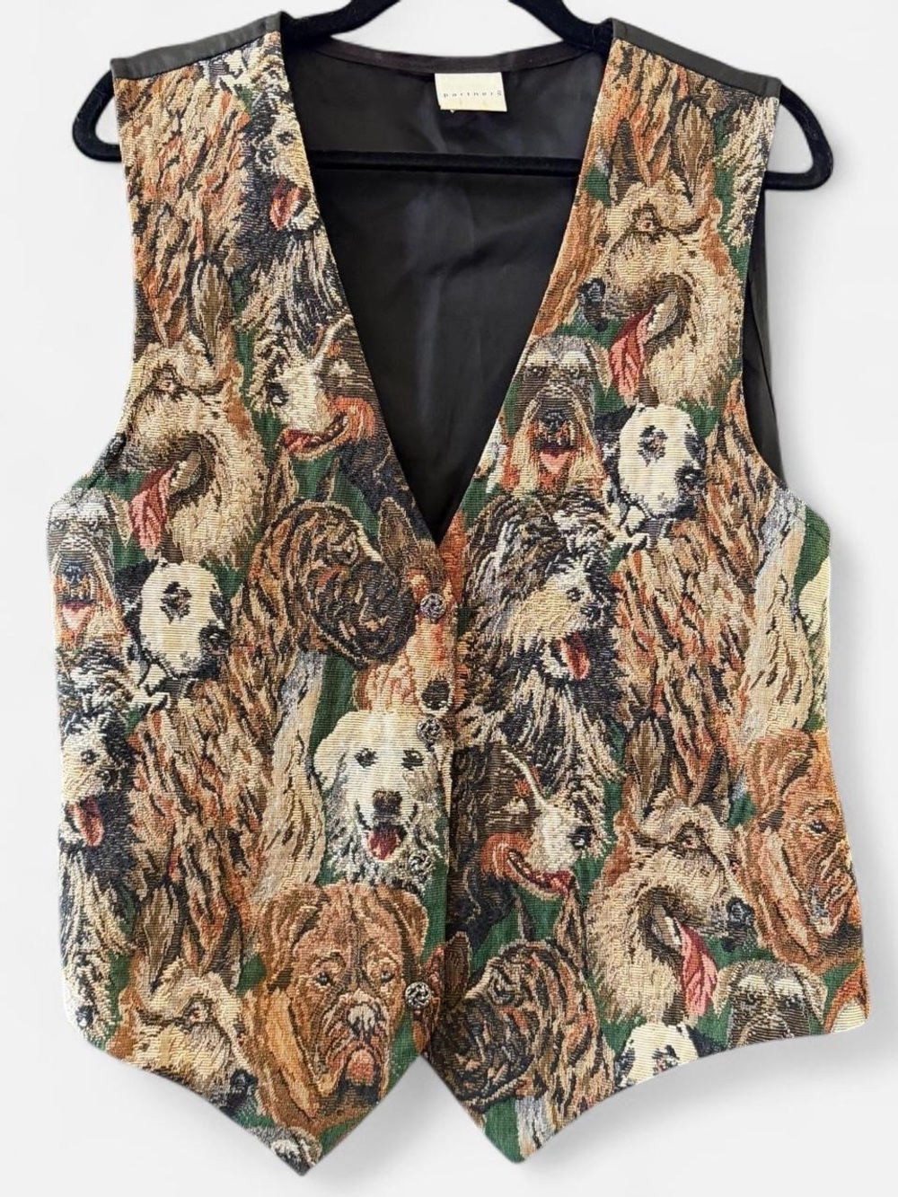 Pavini Women's XL Dog Tapestry Vest Novelty Puppy Print Button Front USA